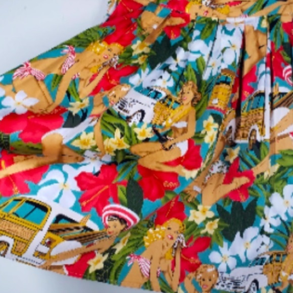 Hawaiian Pinup Full a-line skirt tropical retro print vacation button side color - Picture 4 of 4